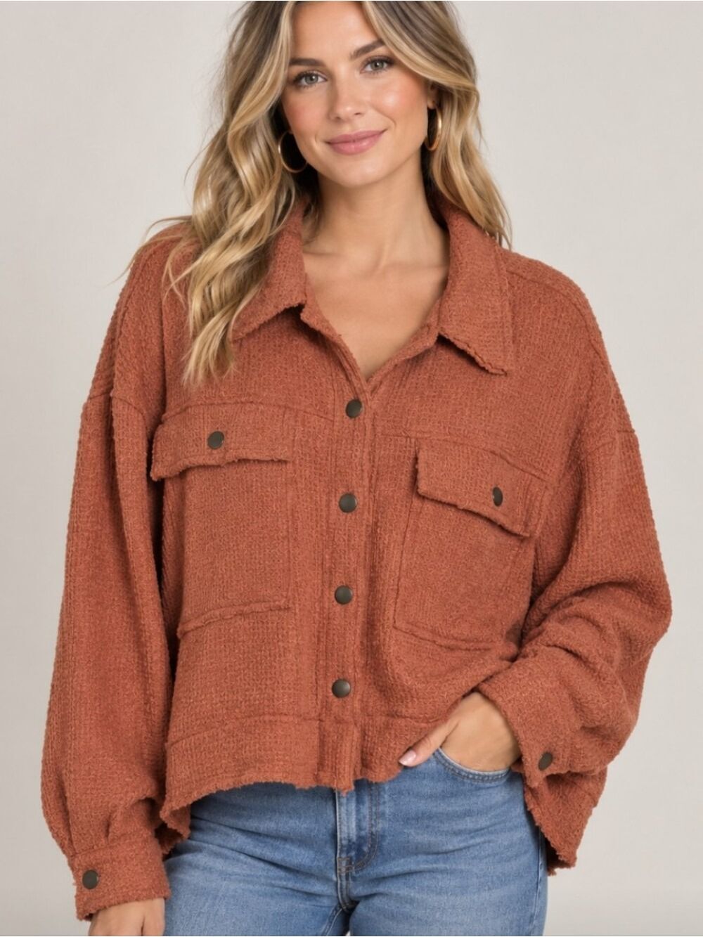 POL Button Down Waffle Knit Boho Cropped Slouchy Sweater Jacket Oversized Small